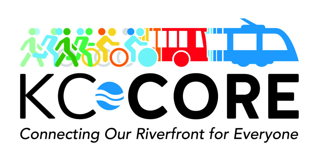 KC Core logo pedestrian icon blending to bikers, bus and streetcar